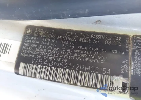 2002 BMW 330Ci из США, поврежденный, VIN WBABN53472PH02154